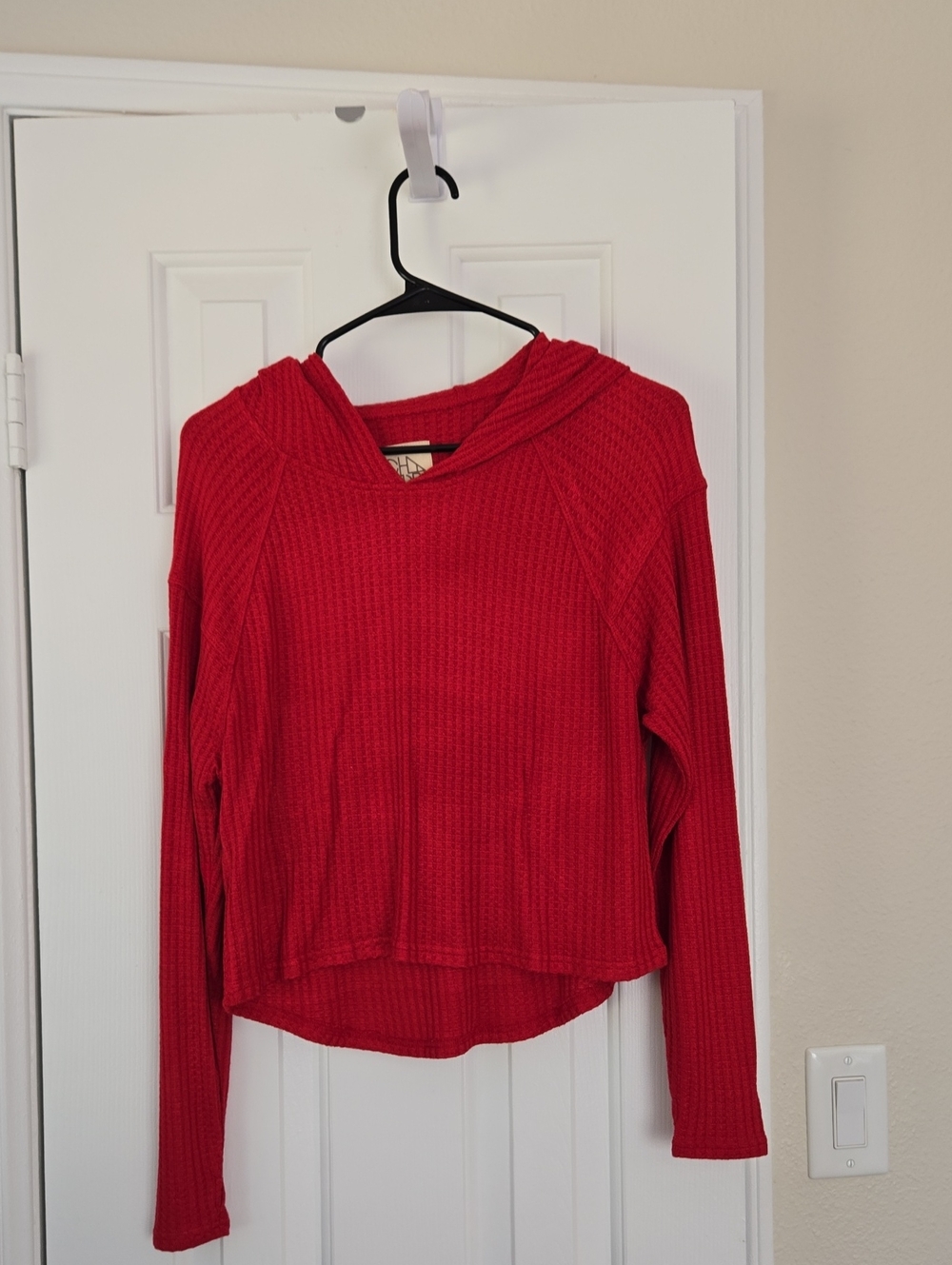 Chaser Red Waffle-Knit Hooded Long Sleeve Top